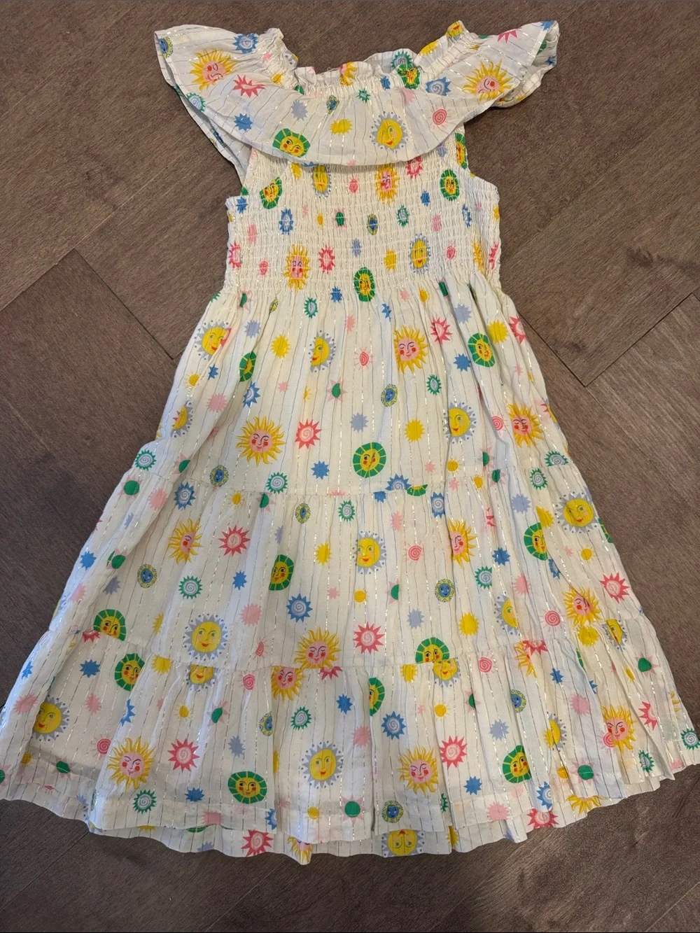 Girls' White Smocked Sun Print Dress